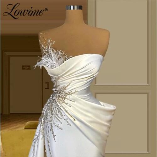 Lowime Feather Beaded Evening Dress Robe De Soiree 2021 Turkish Kaftans Prom Dresses Long Mermaid Dresses Women Party Night Gown