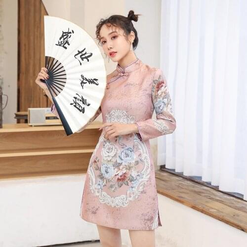 2021 Spring New Style Dignified Atmosphere Retro Young Chinese Style Jacquard Embroidery Improved Cheongsam Dress Women Qipao