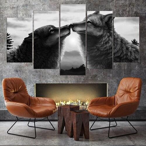 Printed Landscape Picture 5 Pieces Abstract Animal Black Wolf Large Canvas Painting For Bedroom Living Room Home Wall Art Decor