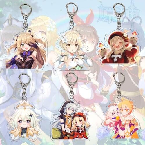 Genshin Impact Anime Figures Acrylic Keychain Cute Game Diluc Venti Klee Keqing Xiao Cartoon Bag Pendant Key Chain Kids Jewelry