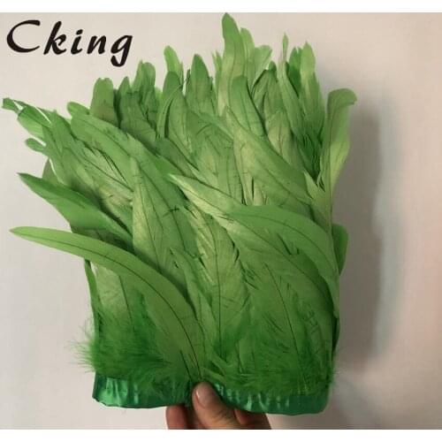 Free shipping 2 Meters Apple Green Dyed rooster coque feather trims 15-20cm 6-8" in width sewed on satin ribbon carnival decor