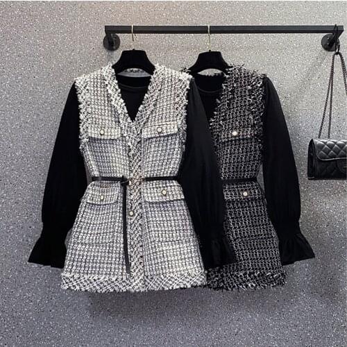 New Autumn Tweed Plaid Tank 2 PCS Set Chic Women Sleeveless Single Breasted Tassel Loose Vest + Flare Sleeve Black Tops Suits