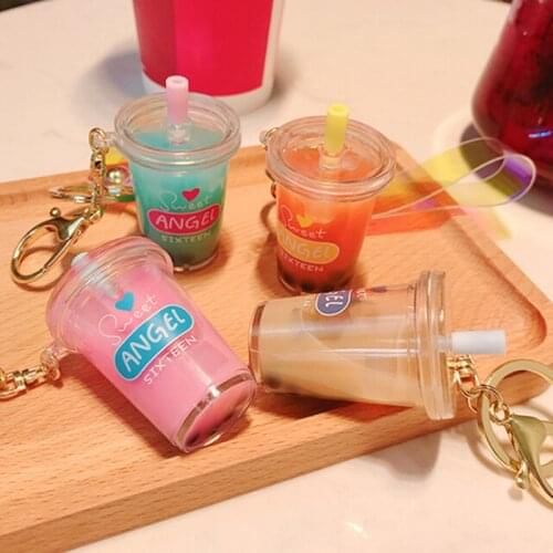 Creative Mini Soft Drink Keychain Decompression Jewelry Gift Coconut Milk Tea Beverage Bubble Tea Acrylic Moving Liquid Oil Drop