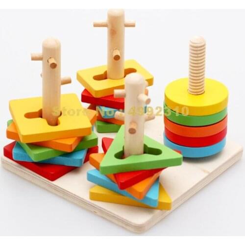 Baby Toys Wisdom Four 4 Column Wooden Geometric Cognitive Building Blocks Toy