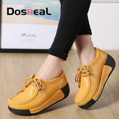 Dosreal Women New Flats Shoes Cow Leather Platform Flats Winter Warm Fur Fashion Shoes For Females Lace up Casual Shoes
