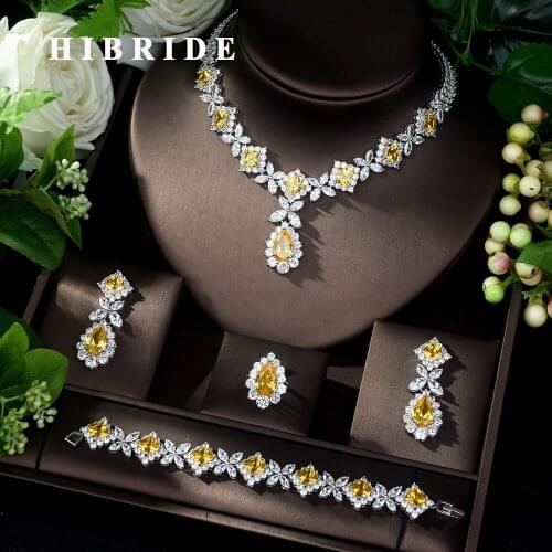HIBRIDE Hot-Sale AAA Cubic Zirconia Necklace Bracelet Earrings and Ring 4pcs Dubai Full Jewelry Set for Women Party Gift N-327