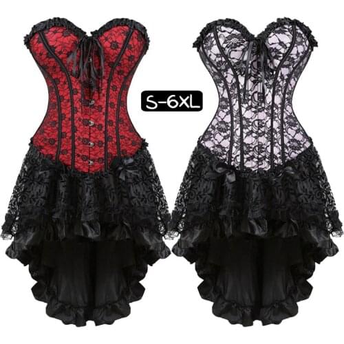 Fashion Womens Sexy Lace Bow Plus Szie steampunk corset dress Bustier Shapewear party Costume Petticoat Skirts with G-String