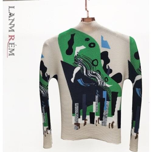 LANMREM 2021 Autumn Green Print Casual Turtleneck Slim Long-sleeved Top Street Wear Pleated Top For Women Fashion Tide 2A2337