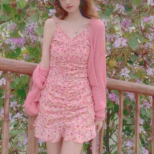 Summer Pink Lolita Floral Print Strap Dress Women Sweet Elegant Shirring Sexy Kawaii Female High Street Fairy Party Mini Dress