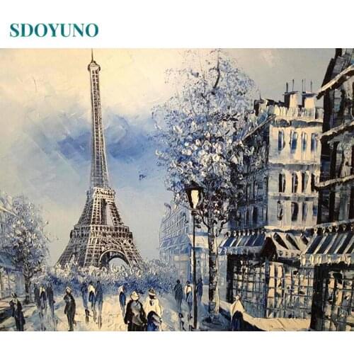 SDOYUNO 60x75cm Frameless Oil Paint By Numbers Black and White Tower DIY Coloring By Numbers On Canvas Landscape Wall Art