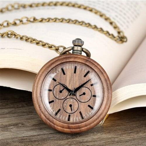 Natural Walnut Wood Pocket Watch Decor Small Dial Open Face Pendant Wood Pocket Timepiece Bronze Fob New Vintage Clock Gift