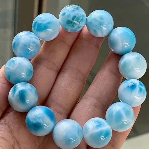Natural Blue Larimar Gemstone Big Round Beads Bracelet Bangle 17mm Water Pattern Larimar Women Men Genuine AAAAAA