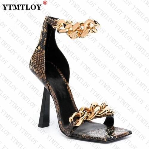 New Fashion Chain High Heel Sandals Women Square Open Toe Rome Sandlas Sexy Party Shoes Plus Size Woman Zip Peep Toe