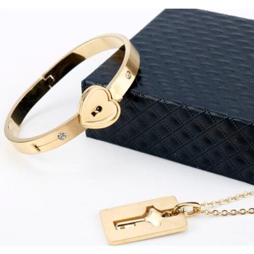 New Rose Gold Love Heart Lock Key Necklace Pendant Couple Bracelets Lover Choker Stainless Steel Bangle Christmas jewelry