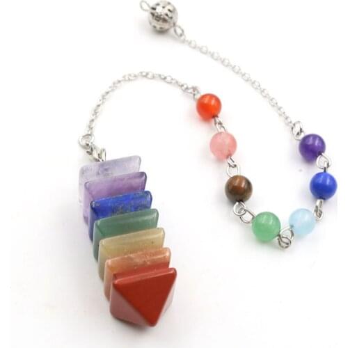 Silver Plated Layer Coloful Rainbow Stone Pyramid Pendulum Pendant with Beads Chain Healing Reiki Chakra Metaphysical Jewelry