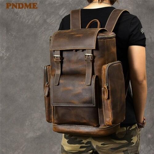 PNDME large capacity genuine leather travel men backpack vintage high quality luxury crazy horse cowhide outdoor bagpack bookbag
