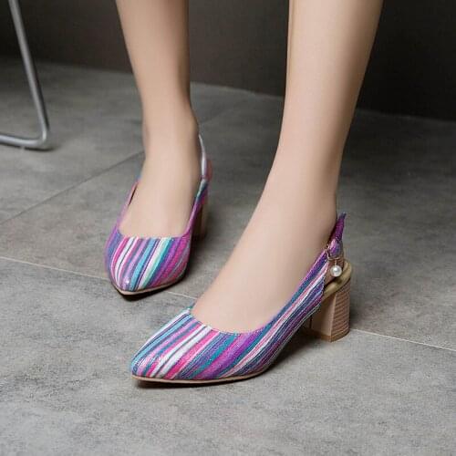 YMECHIC 2019 Fashion Blue Purple Mixed Color Block Heel Shoes Woman Striped Slingbacks Buckle Summer High Heels Pumps Plus Size