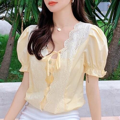 Fashion Hollow Out Square Collar Summer Women Blouse 2021 Sweet Lace-up White Shirt Top Casual Puff Short Sleeve Blusas 10046