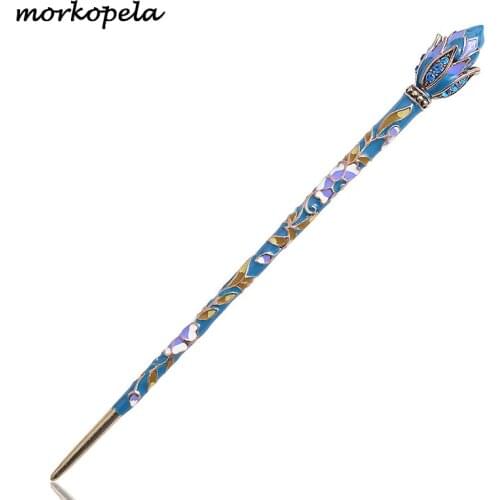 Morkopela Vintage Lotus Enamel Hair Stick Rhinestone Hairpin Clip Women Banquet Hair Jewelry Chinese Style Hair Accessories