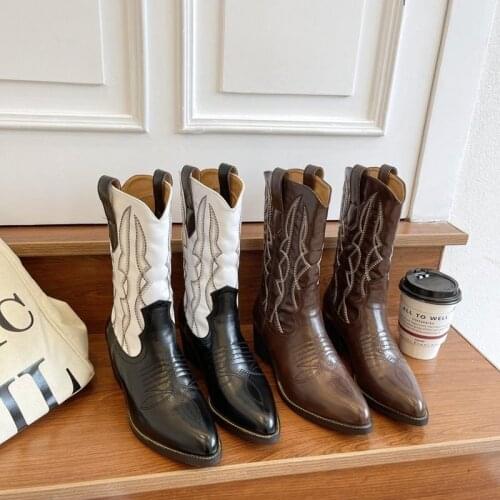 2021 Punk Style Autumn Winter Boot Slip-on Mid Calf Boots Stitching Color Mid Heel Lady Shoes Fashion Elegance Pointed Toe Boots