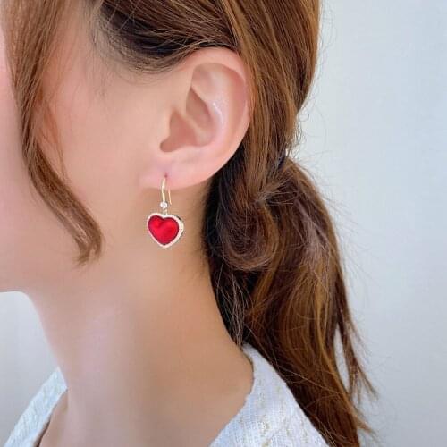 TIMEONLY Korean Style Red Color Love Heart Dangle Earrings for Women CZ Zirconia New Year Earring Festival Gifts Jewelry Trendy