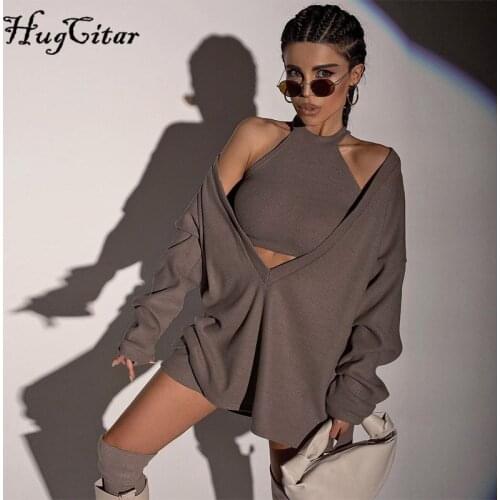 Hugcitar 2021 Summer Autumn Women Long Sleeve Crop Top Sweatshirt 2 Pieces Set Party Women Fashion Y2K Streetwear Outfits Casual