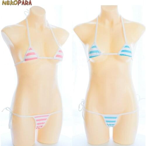 Blue Pink & White Stripe Sexy Cute Womens Lingerie 2PCS Set Bra & Panties Set Bikini Lolita Underwear Tie Style