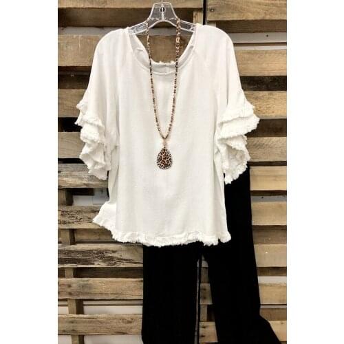 2021 Elegent Fashion Butterfly Sleeve Women Blouse Shirt Half Sleeve O Neck Ruffles Solid Blusa Mujer Plus Size 3XL