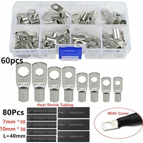 60pcs SC Bare Terminals lug Tinned Copper Tube Ring Battery Wire Connectors Crimped/Soldered Terminal Kit+80pcs heat shrink tube