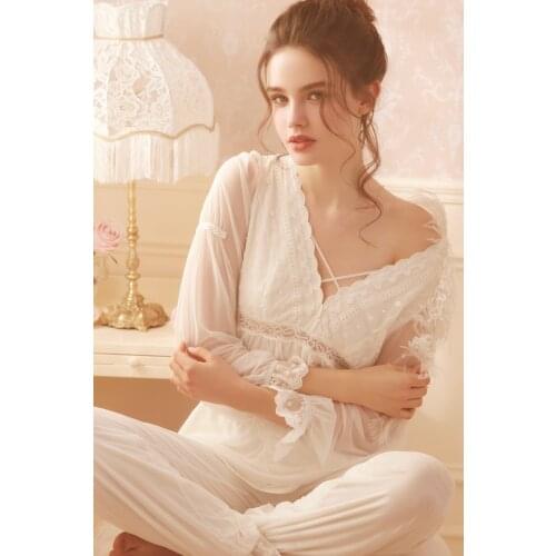 Free Shipping Rose Tree New Womens Princess Pajamas Pants Set White Sleepwear Home Cloth Lace Vintage pijamas