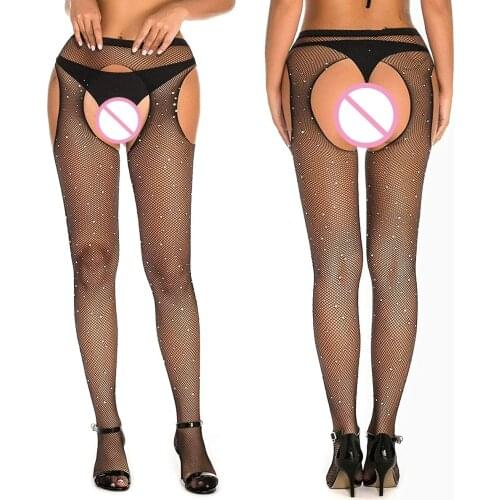 Crotchless Tights Plus Size Women Lingerie Open Crotch Rhinestone Mesh Fishnet Pantyhose Night Party Club Wear Sexy Stockings