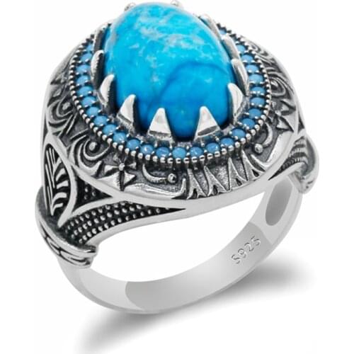 S925 Sterling Silver Real Blue Turquoise Stone Men Ring Turkish Stone Rings for Man Women Fine Making Handmade Jewelry