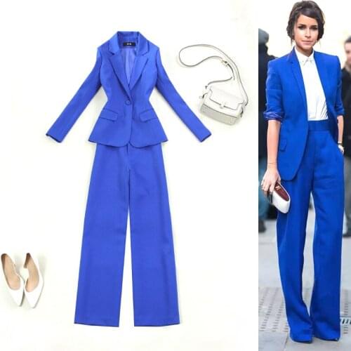 Set womens OL professional temperament self-cultivation treasure blue one button suit jacket and wide leg pants two sets
