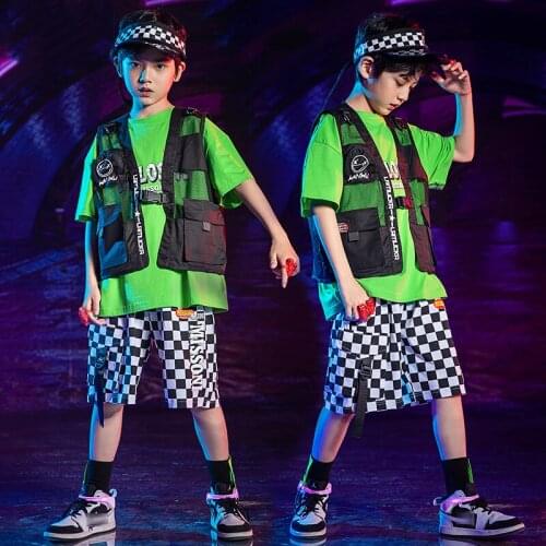 Hip Hop Dance Costume Boys Kids Summer Short Sleeved Green T-Shirt Hip Hop Shorts Street Dance Girls Modern Dance Clothes BL6134