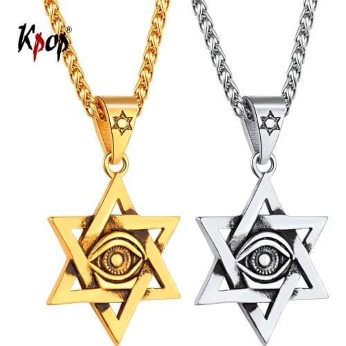 Kpop Star of David Necklace Israel Jewish Religious Jewelry Stainless Steel Evil Eye Protection Pendant Necklace for Men P2428