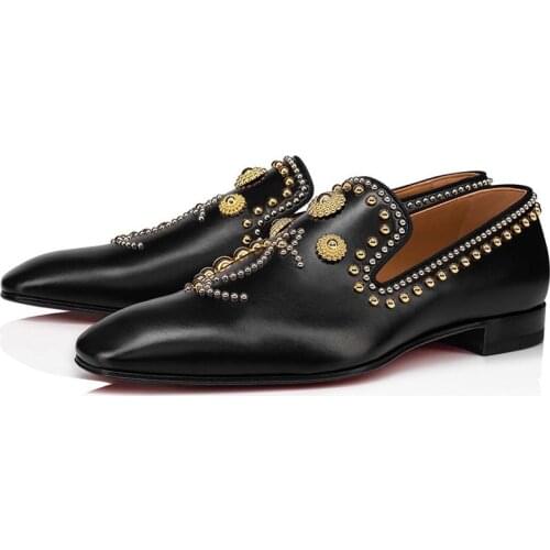 Qianruiti Fashion Black Leather Studded British Style Men Shoes Handmade Luxurious Rivet Flat Shoes Party Wedding Dress Shoes
