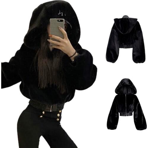 Autumn Winter Faux Rabbit Fur Bomber Teddy Coat Zipper Streetwear High Waist Furry Hooded Plush Jacket Cardigan Fleece Parkas