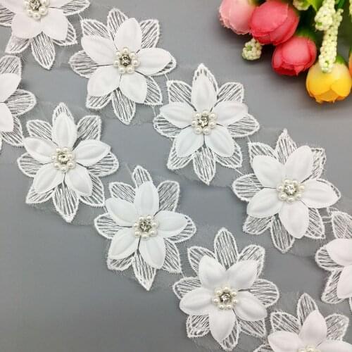2 yds Soluble Flower Pearl Beaded Organza Lace Trim Ribbon Fabric Sewing Craft Patchwork Embroidered Handmade For Costume Decor