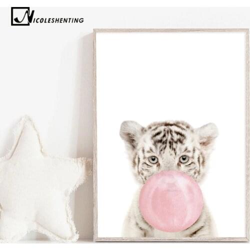 Pink Bubble Baby Tiger Animal Wall Art Canvas Print Nursery Poster Painting Decorative Picture Nordic Kids Bedroom Decoration