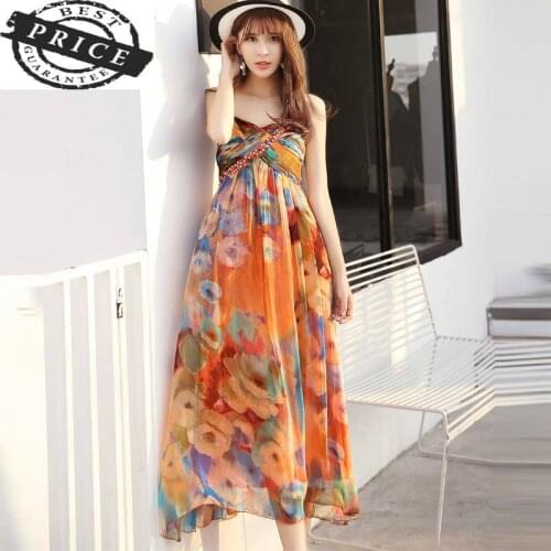Silk Long Real Party Dress Women Print Boho Dress Sexy Beach Summer Dresses Maxi Dresses Vestidos Verano 2021 LWL1a03