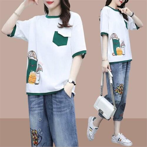 Tracksuits For Women New Pullover T Shirt Top+Jeans Summer Two Piece Set High Waist Casual Thin Suit Female Plus Size