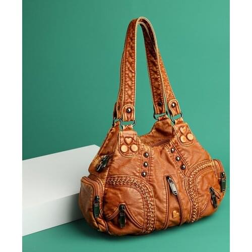 Luxury Washed Shoulder Bags for Women 2020 Classic Fashion Motorcycle Soft Handbags PU Leather Shoppin Bags Chic Crossbody Bag