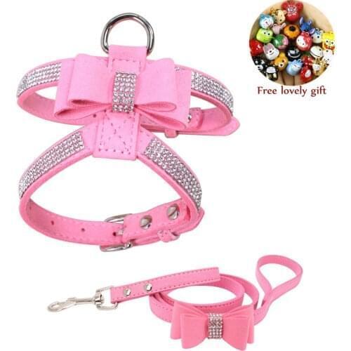 Light Reflective Dog Harness Leash Set for Small Medium Dogs Cats Harness Suede Leather Bling Rhinestone Bowknot Dog Accessories