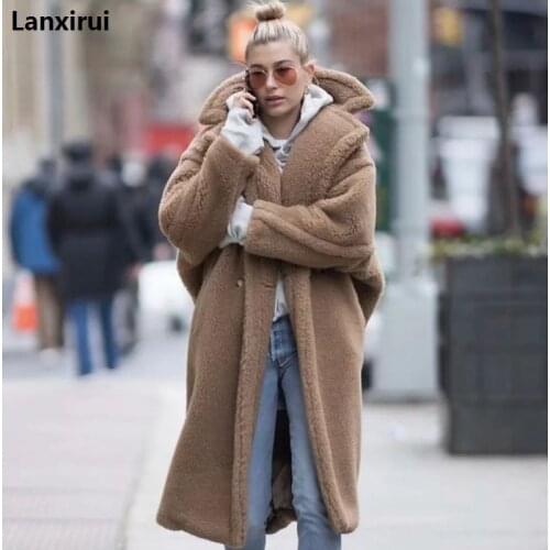 Lanxirui Fur Wool Blend Warm Streetwear Large Sizes Long Female Casual Outerwear Natural Color Girl Fur Coat Nov14