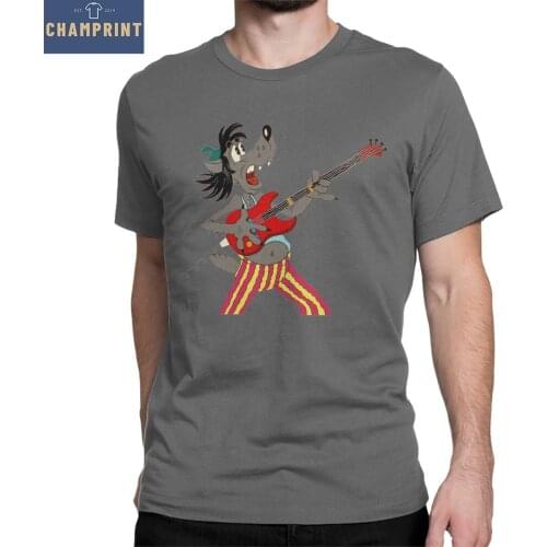 Vintage Nu Pogodi Wolf Playing Guitar T-Shirt Men Crew Neck Pure Cotton T Shirt Short Sleeve Tees Graphic Clothes