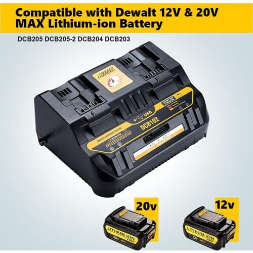 DCB102 20V Battery Charger DCB102BP 2-Port Charger Compatible with Dewalt 12V - 20V DCB206 DCB205 DCB204 DCB201 DCB127 DCB120
