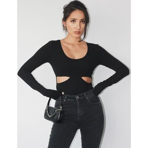 Women Spoon Neck Cutout Fit Top Long Sleeve Spoon Neck Hollow Out T-shirt