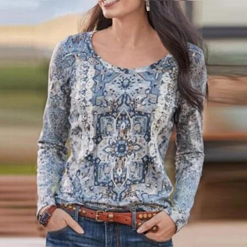 Autumn Women Round Neck T Shirt Ethnic Pattern Long Sleeve Casual Female Slim Basic Tees Plus Size 3XL Female Streetwear