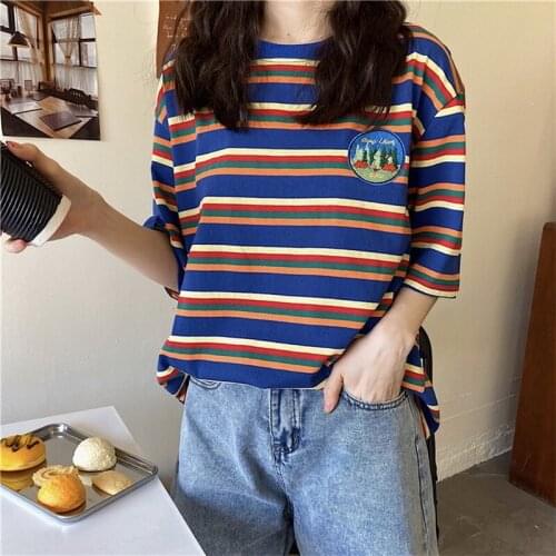 QRWR New 2021 Female T Shirt Korean Fashion O Neck Casual Harajuku Striped Shirt Women Loose Cute Short Sleeve T Shirts
