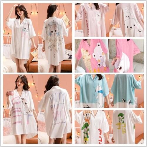 Women Nightgown Button Sleepshirt Satin Chiffon Pajamas Sleepwear Loose Big Shirt Blouse Printed Cute Kawaii Robe Nightdress